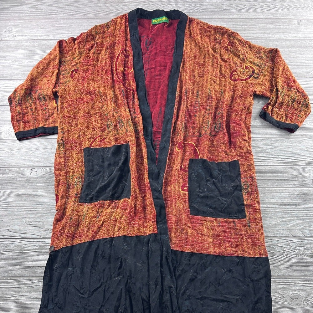 Kusnadi New York Mixed Media Open Front Duster Cardigan Orange Black Patterned
